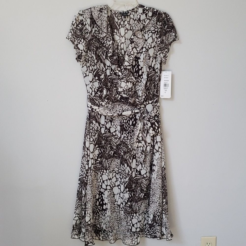 Y2K MSK Dress Sz 10 Brown and White Abstract Faux Wrap Ruffled Midi Forest Fairy